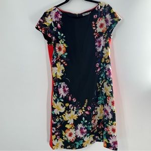 Eliza J Shift Mini Dress Black Floral Back Gold Zip Short Sleeve Sz 6
